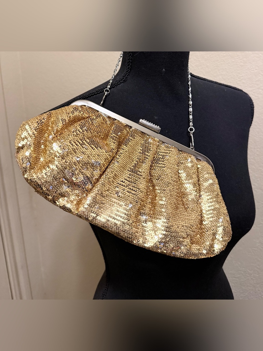 Helen’s Heart Gold Sequined Clutch or Crossbody Bag with Rhinestone Clasp